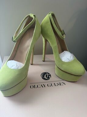 Olcay Gulsen Lime Green Suede Platform Heels 💚 6.5” Statement Stilettos | NEW